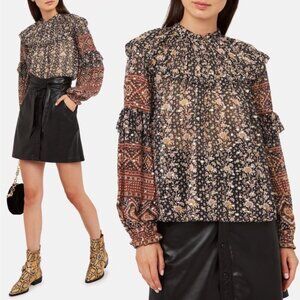 Ulla Johnson Eleni Silk Ruffled Floral Metallic Dot Long Sleeve Blouse